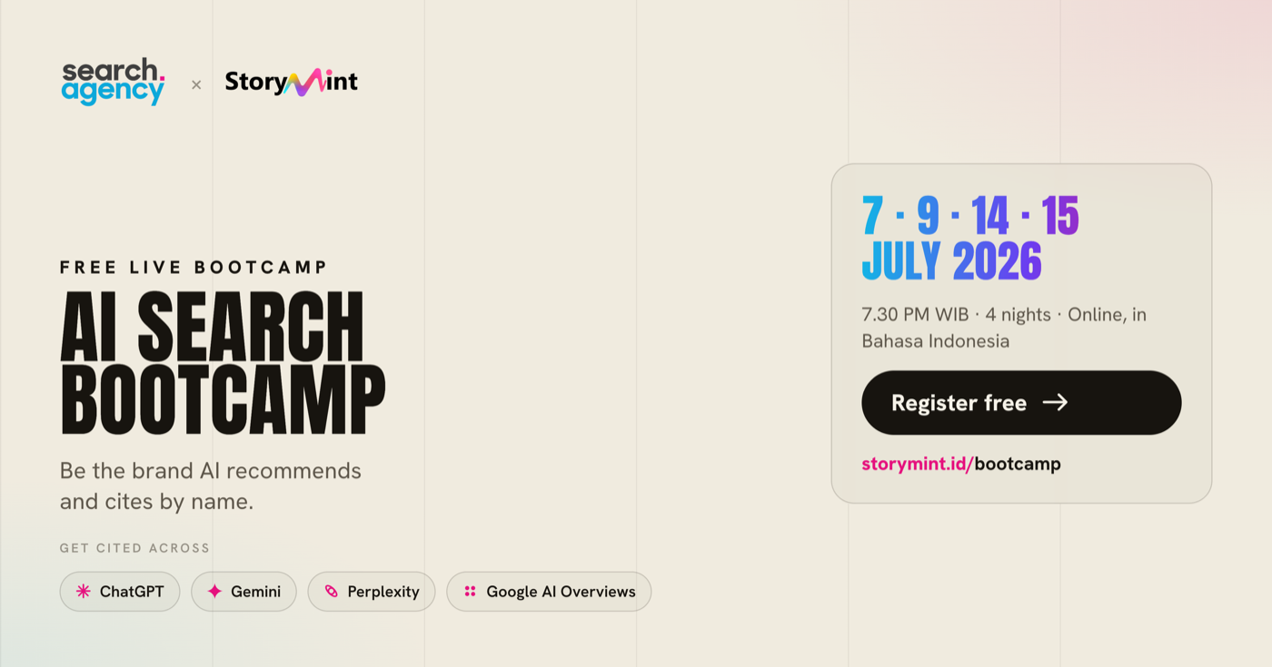Promo banner for the free AI Search Bootcamp by Search Agency and StoryMint, July 2026
