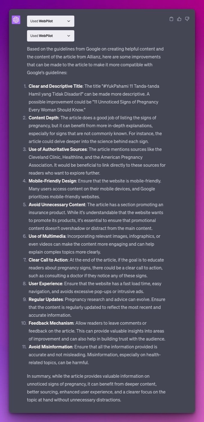 ChatGPT listing eleven improvements to align a pregnancy article with Google's helpful content guidelines