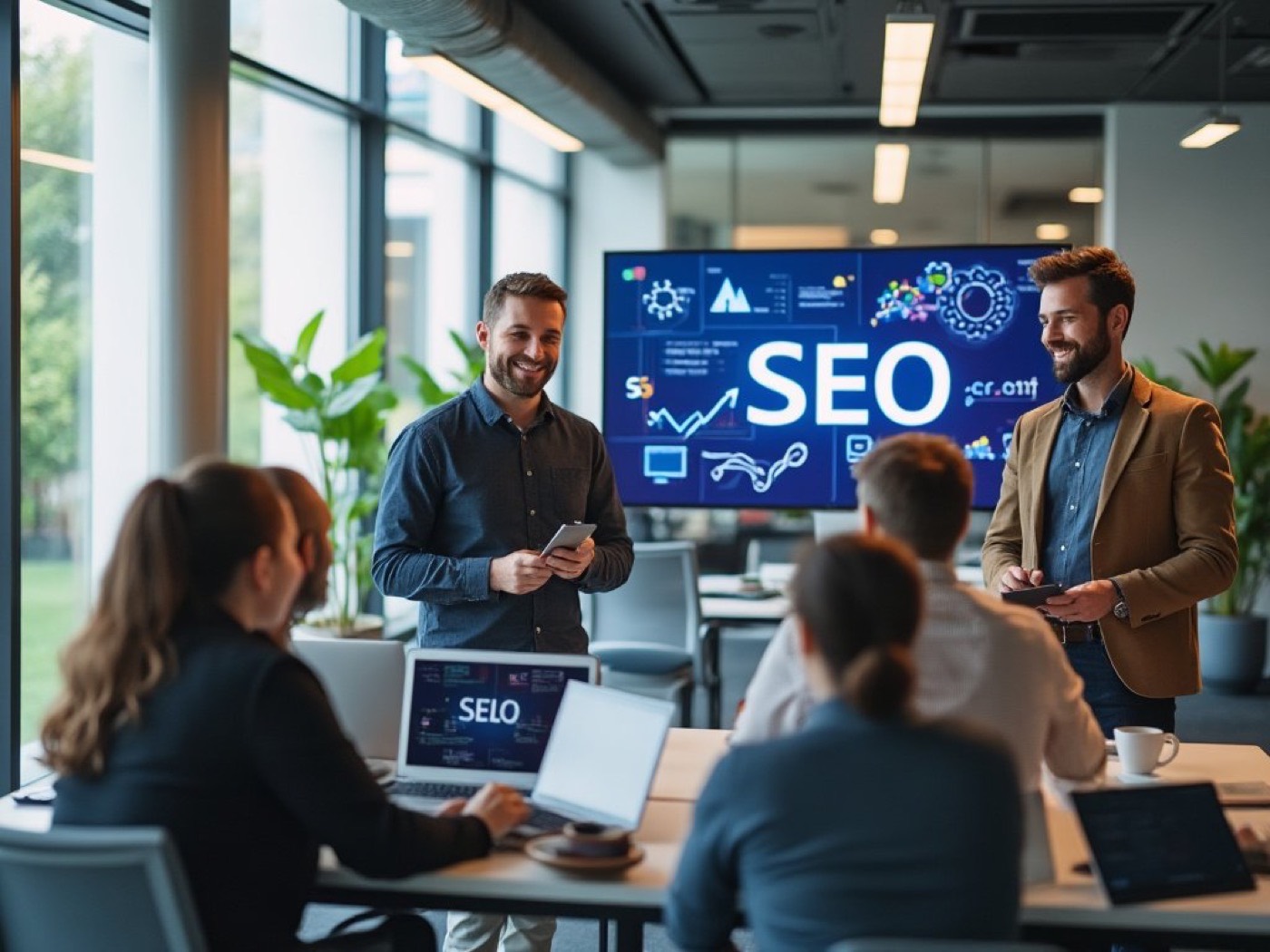 Marketing team smiling in a meeting in front of a screen displaying SEO graphs and icons