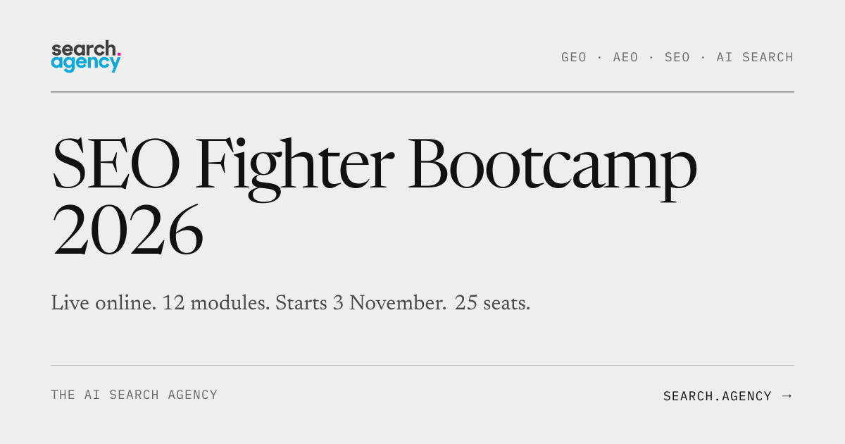 SEO Fighter Bootcamp 2026. Live online, 12 modules, starts 3 November, 25 seats.