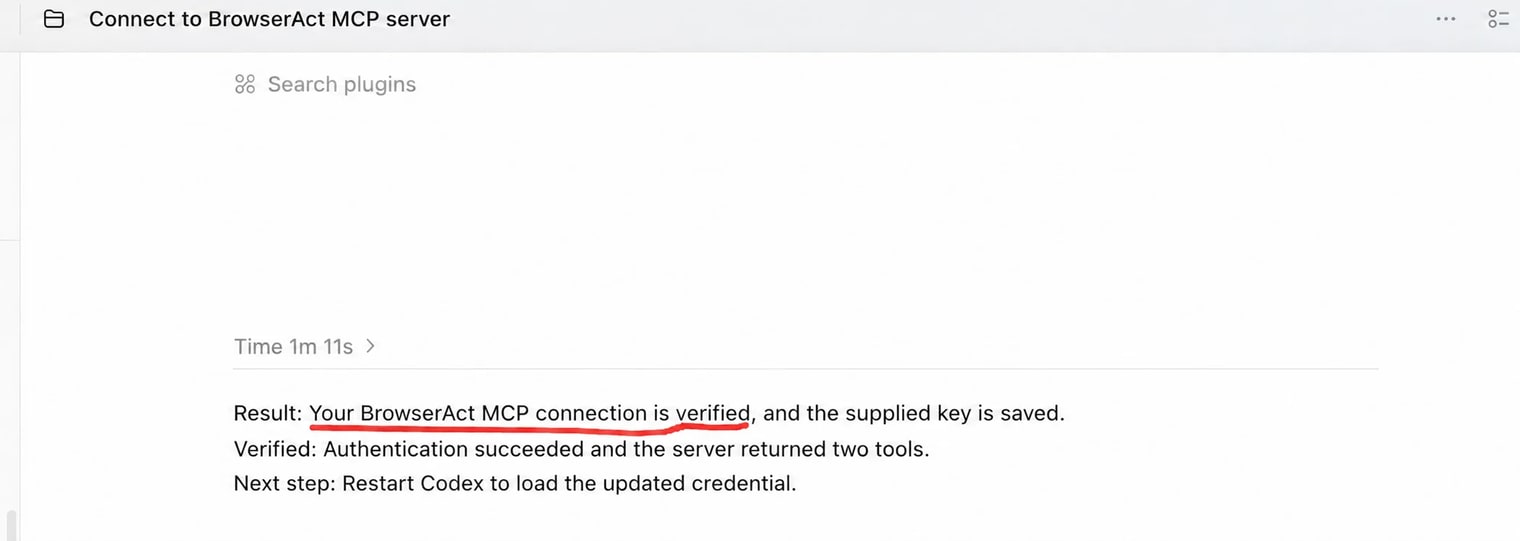 Codex reporting that the BrowserAct MCP connection is verified and the server returned two tools